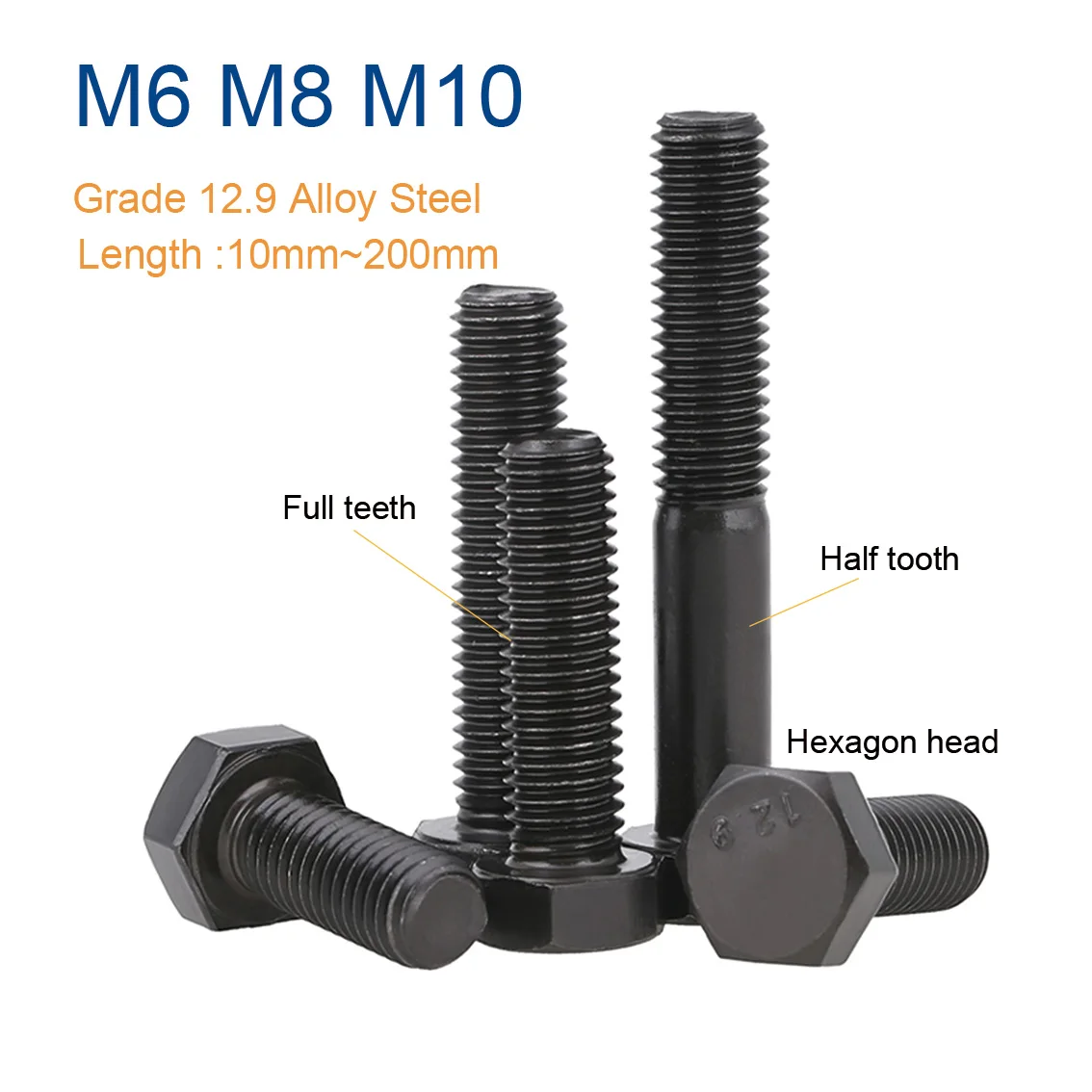 1-10Pcs  Length 10-200mm M6 M8 M10 12.9 Alloy Steel Hex Head Screw Carbon Steel Hexagon Bolt Screw Positioning Screws Fasteners
