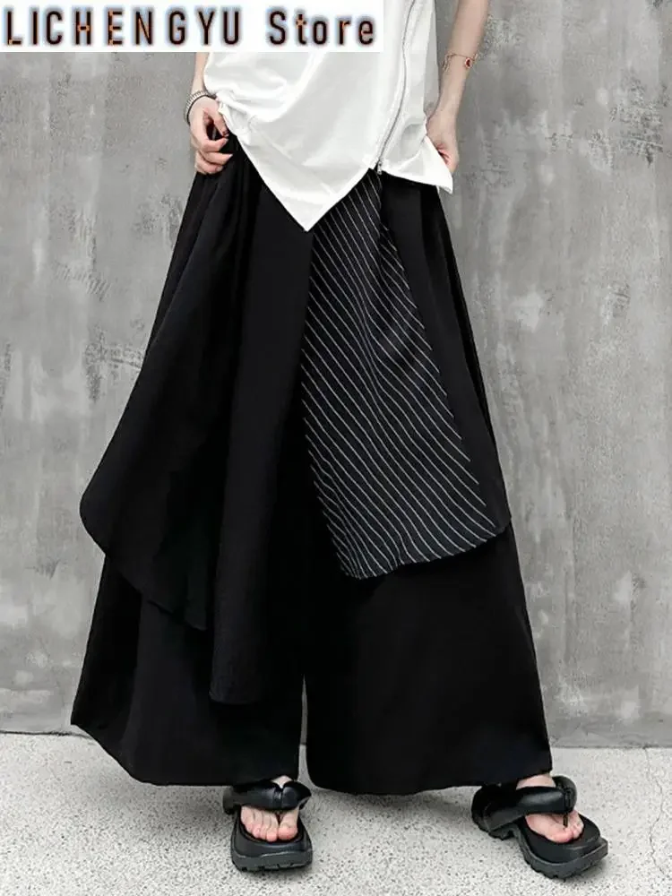 High Elastic Waist Black Striped Irregular Wide Leg Pants New Loose Fit Trousers Women Fashion Spring Autumn