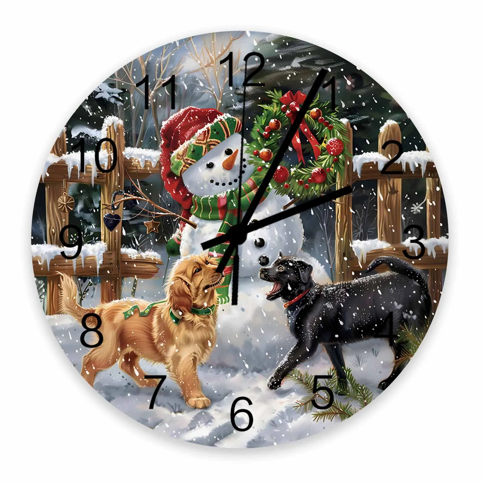 Christmas Dog Snowman Fence Wall Clock Large Modern Kitchen Dinning Round Wall Clocks Bedroom Silent Hanging Watc