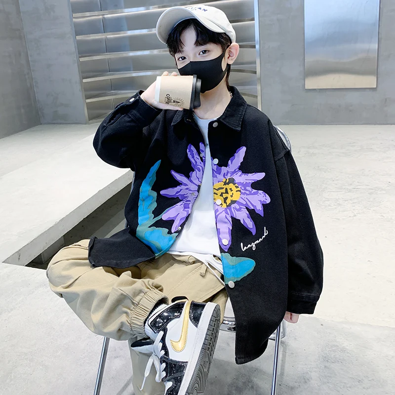 New Autumn Kids Children Long Sleeve Black Shirt For Teenage Boys Casual Floral Blouse Outfit Age 5 6 7 8 9 10 11 12 13 14 Years