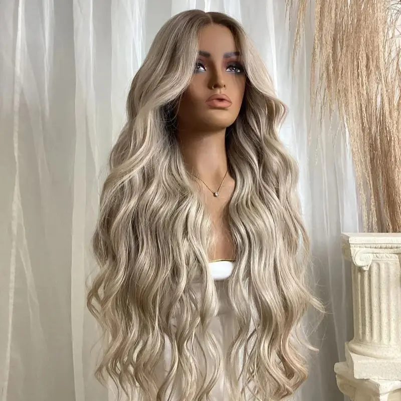 13x4 Ombre Ash Platinum Blonde Synthetic Lace Front Wig with Dark Roots New in Glueless Women's Wig 30 Inch Super Long Wave Wig