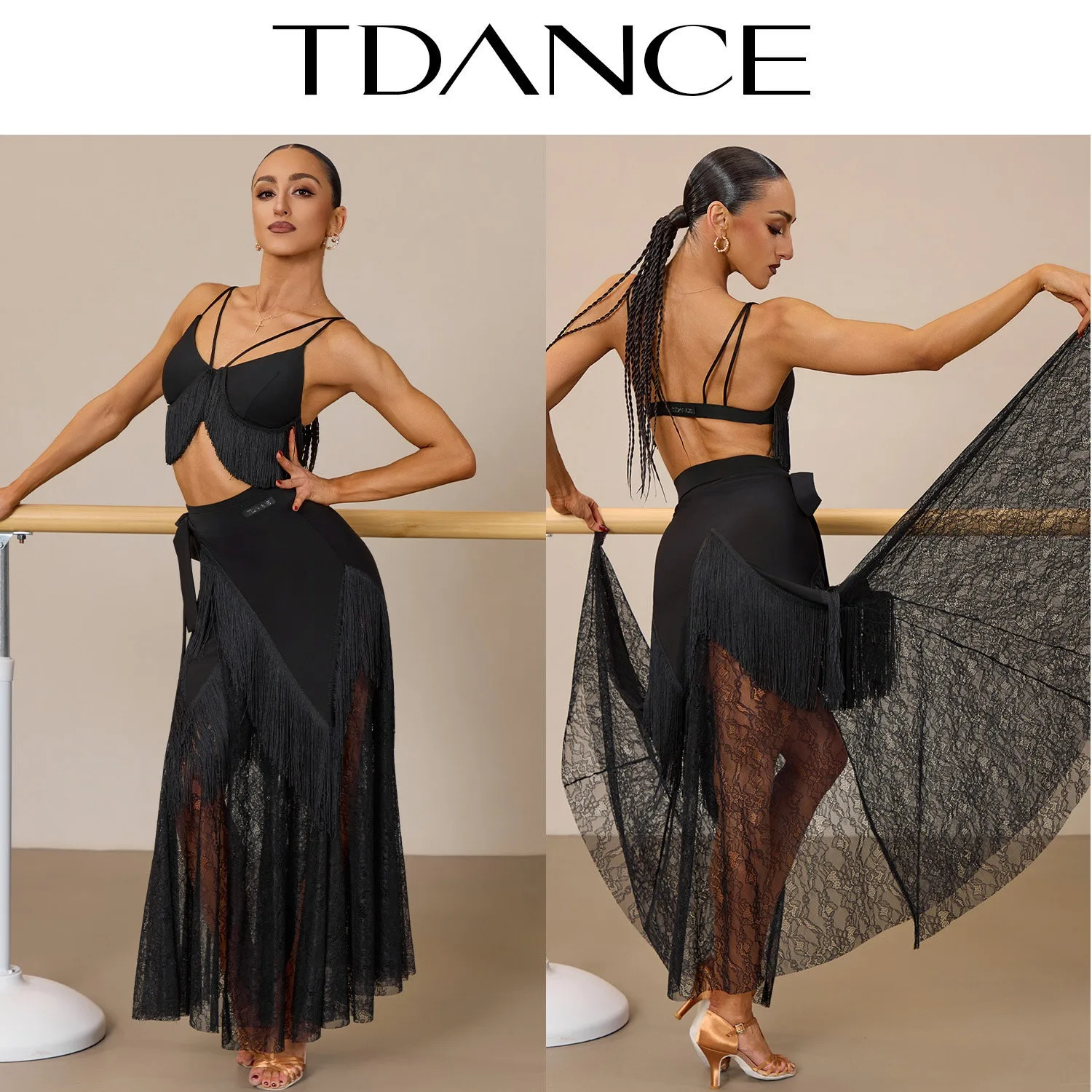 Ropa de Baile Latino Sexy 2026 para Mujer, Falda Larga de Encaje Negro con Borlas, Tops para Rumba, Tango, Flamenco, Ropa de Actuación y Práctica SS2897