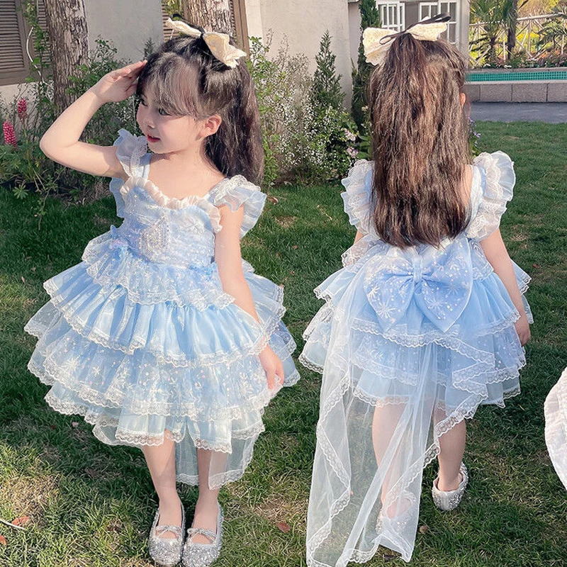 

Baby Girls Backless Embroidery Floral Toddler Birthday Christening Blue Children Shiny Lace Summer Dress Spanish Lolita Dresses