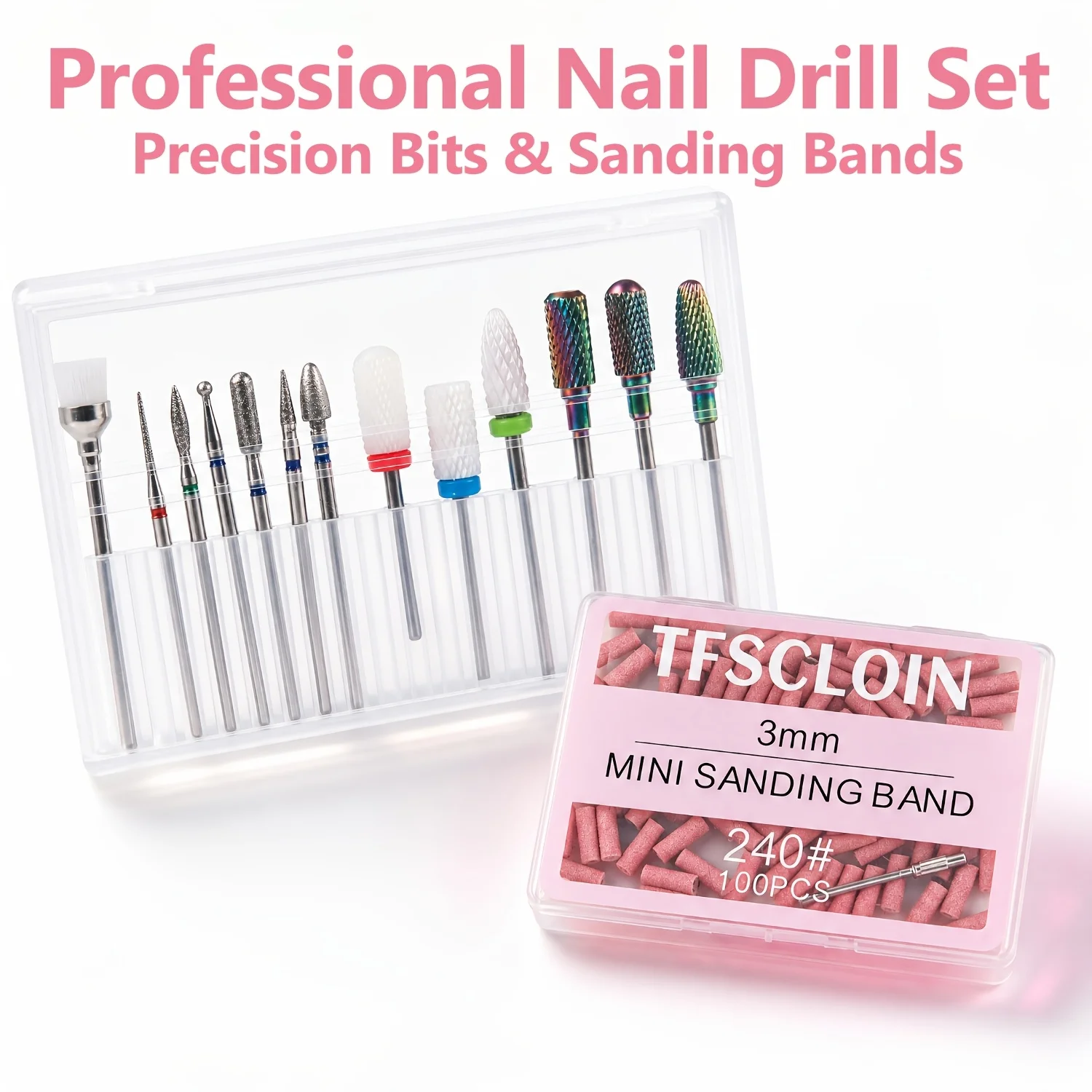 Nail Drill Bits Set,13Pcs Diamond Ceramic Carbide Nail Bits+100Pcs Pink Mini Sanding Bands,for Gel Polish Removing,Nail Shaping