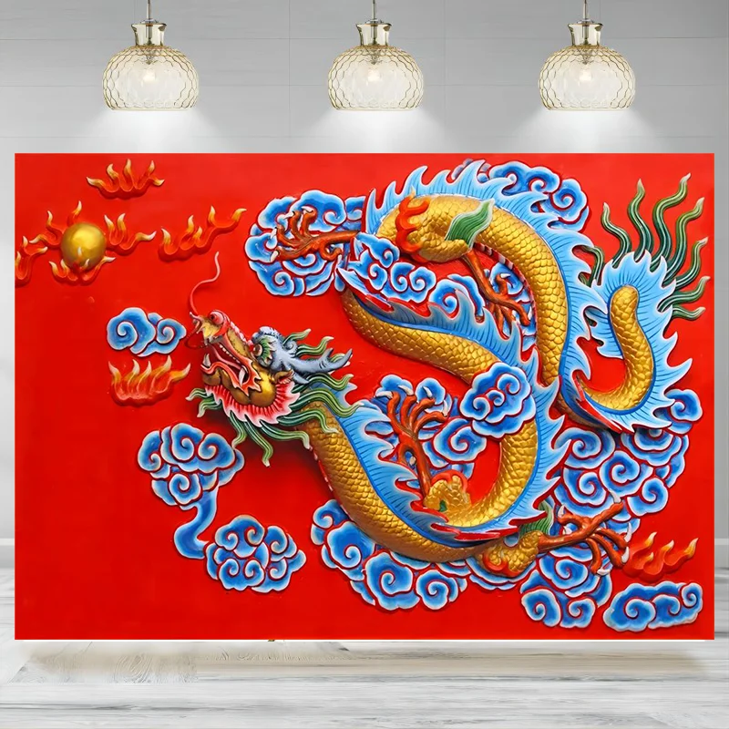 Chinese Golden Dragon Statue Retro Red Backdrop New Year Photography Spring Festival Holiday Celebration Background Banner