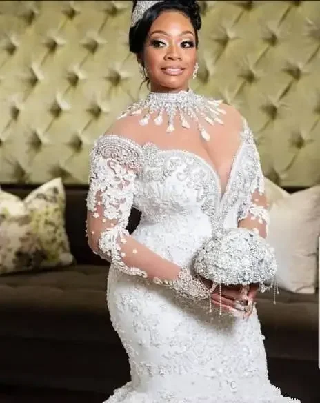 Angepasst High Neck Plus Größe Hochzeit Kleid Kristalle Spitze Perlen Langarm Südafrikanischen Brautkleid Vestido De Novia