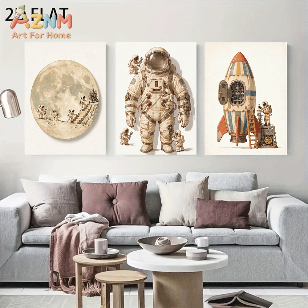 AZNM Frameless Canvas Wall Art, Retro Astronaut Rocket Moon Landing Print, Vintage Outer Space Exploration Wall Decor for Living