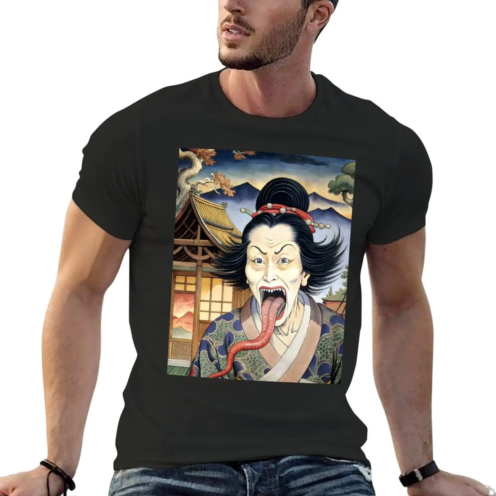 Japanese yokai rokurokubi urban legends creepy geisha ukiyo e yokai woodblock printing T-Shirt blue archive mens workout shirts