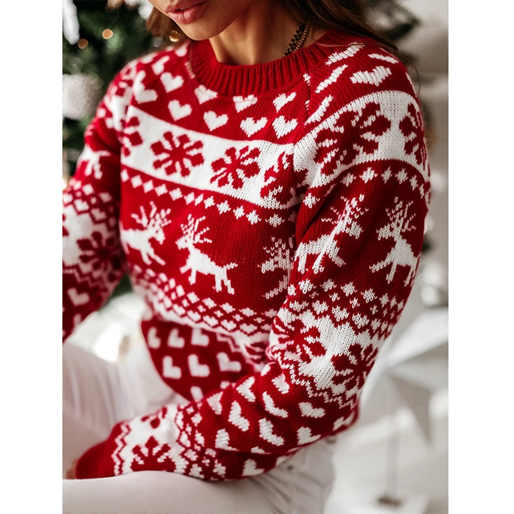 

Christmas Heart Snowflake Elk Pattern Long Sleeve Knit Sweater Women Winter Casual Festival Top New Year