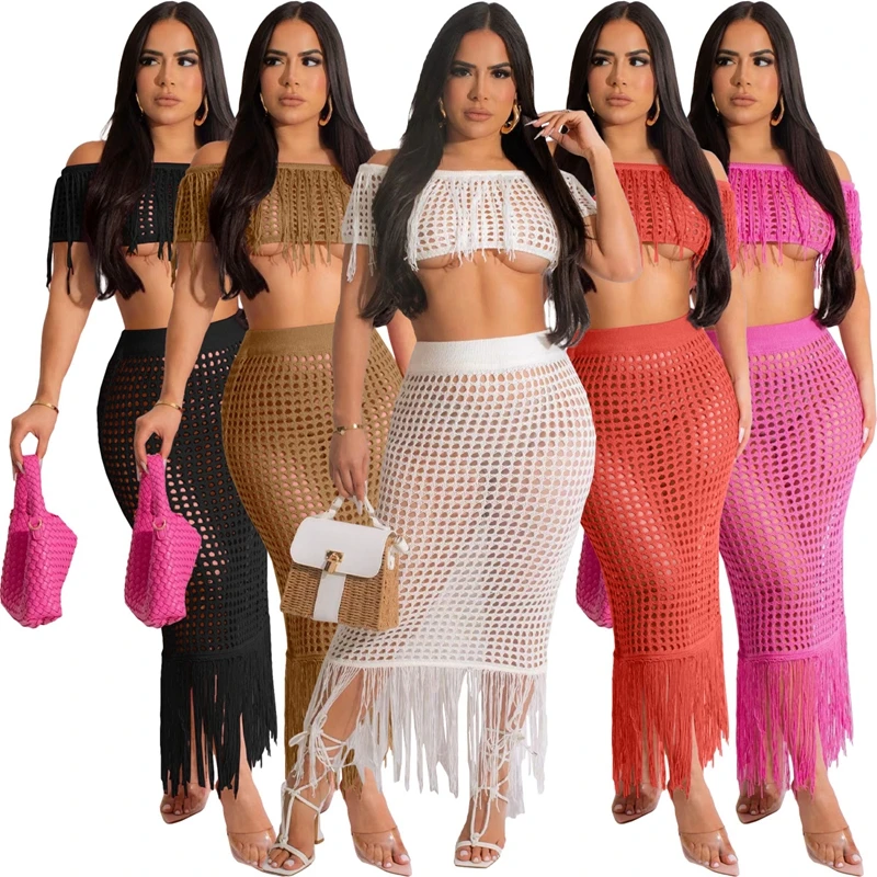 Hand häkeln gestrickte Quaste 2 Stück Set Frauen Outfit Sommer von der Schulter Crop Top und aushöhlen lange Röcke sexy Strand anzug