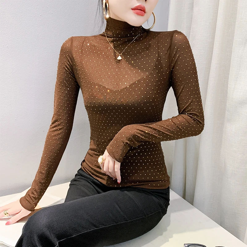 #7518 Black Brown Mesh Turtleneck T Shirt Women Thin Elastic See Through Top Women Sexy Shirt Skinny Short Tee Spring Summer