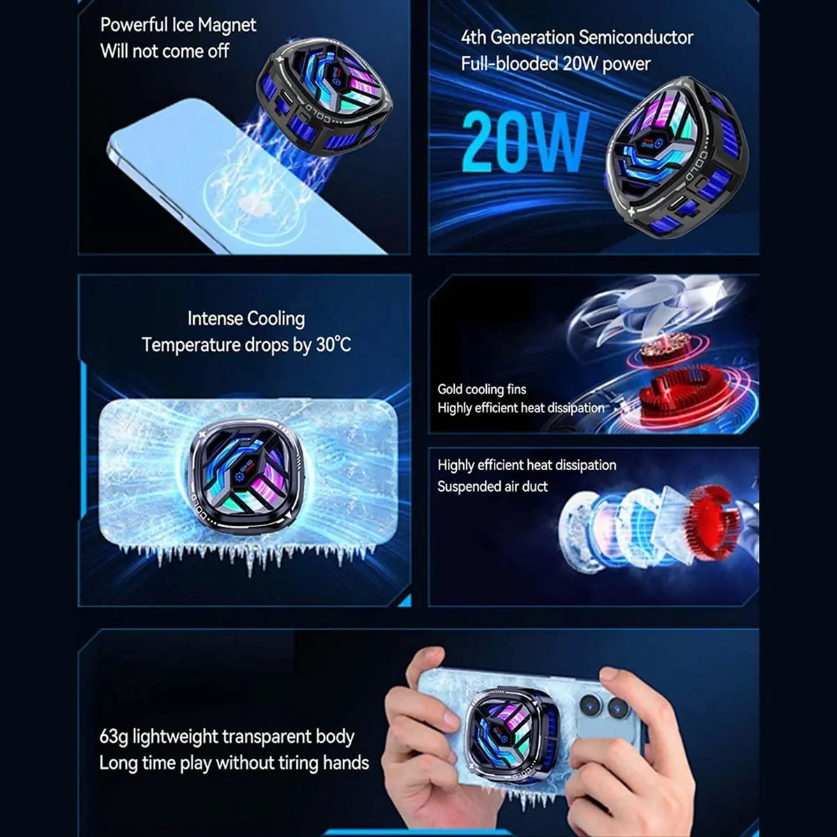 N15R NEW-X76Pro Cell Phone Cooler, Phone Cooler Fan with Semi Conductor Cooling Chip,RGB Phone Cooling Fan Mobile Phone Cooler