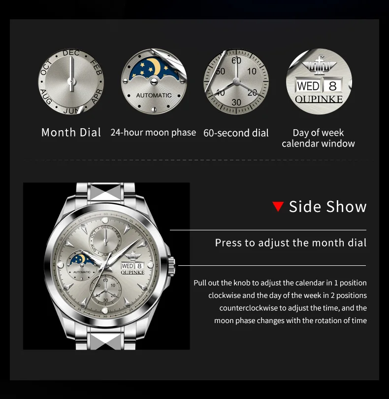 OUPINKE 3299 Men Watch Moon Phase Fashion Automatic Mechanical Watch For Men Week Date Display Deep Waterproof Man Wristwatch