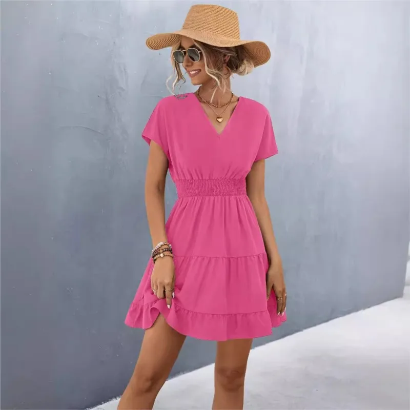 Summer Solid Color Dress For Women Fashion Rose Red V Neck Short Sleeve Ruffle Patchwork A-Line Dress Vestido De Mujer 2024