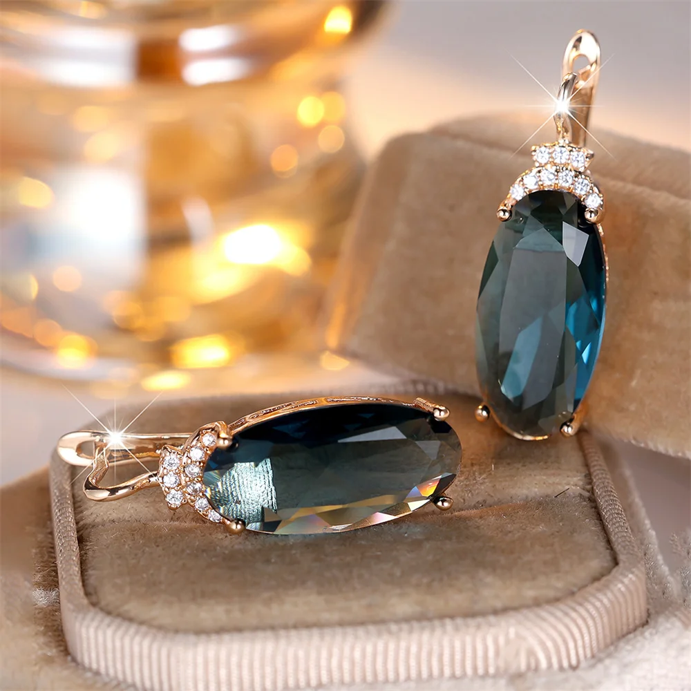 Große ovale blaue Zirkon-Creolen für Damen, Vintage-Mode, goldfarbene Ohrklemmen, Hochzeitsschmuck, Geschenke für Geburtstagsfeiern