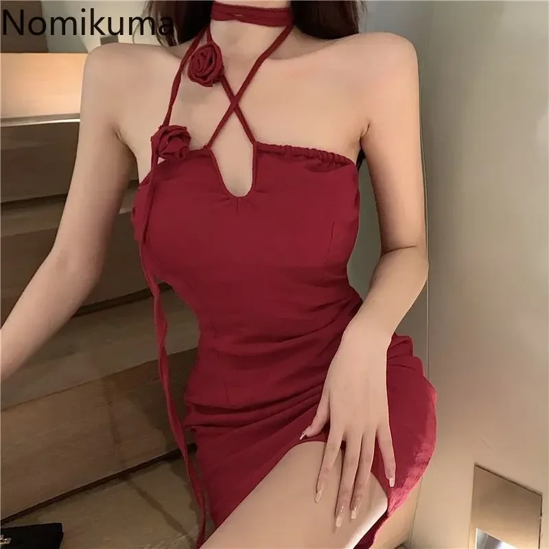 Nomikuma Dresses for Women 2022 Halter Drawstring Slim Solid Color Vestido Feminino Vintage Sexy Elegant Fashion Short Dresses