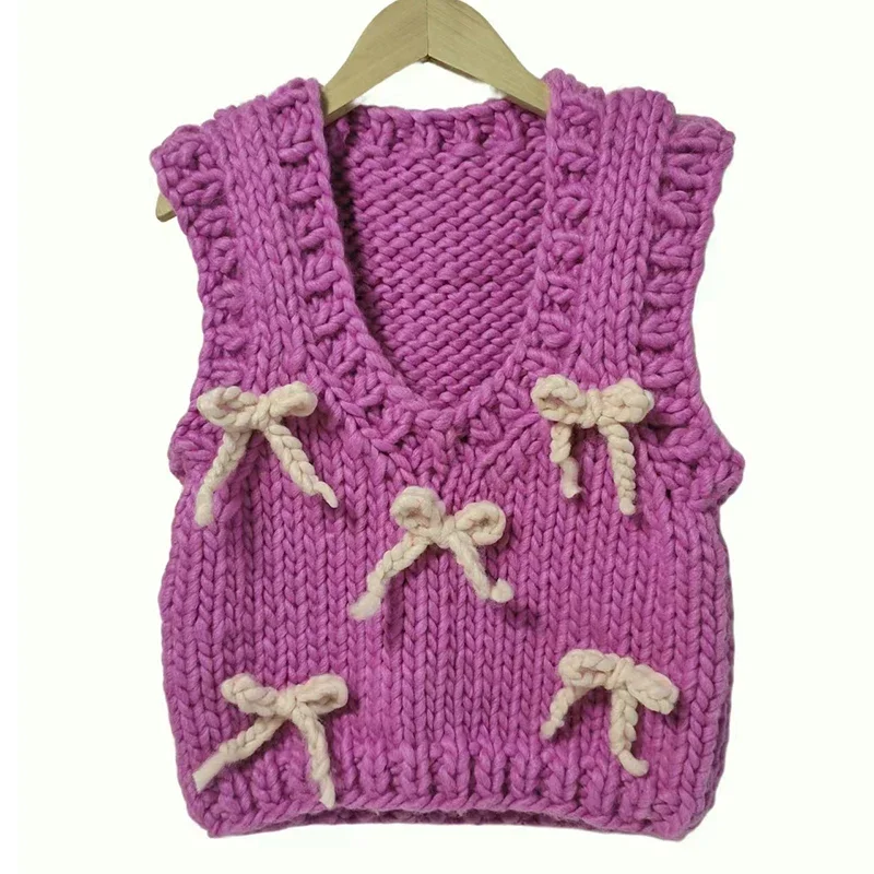 

Women Handmade Purple Bow Sweater Vest 2024 Winter Chunky Knitwear Sweet Warm Top