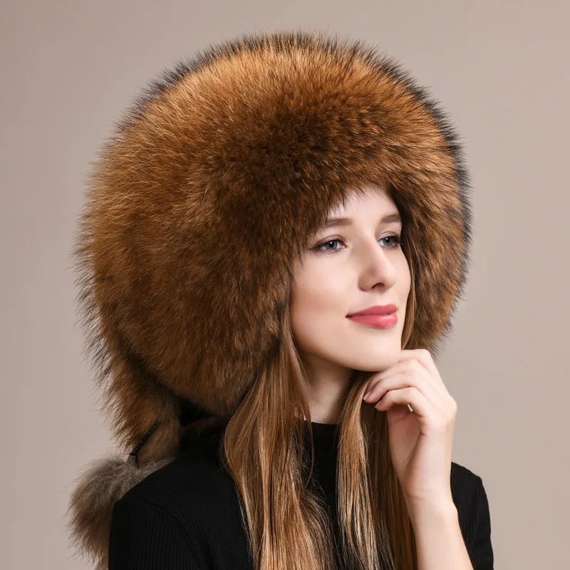 2023 100% Real Fox Fur Hat Women's Russian Ushanka Aviator Trapper Snow Skiing Hat Caps Earflap Winter Raccoon Fur Bomber Hat