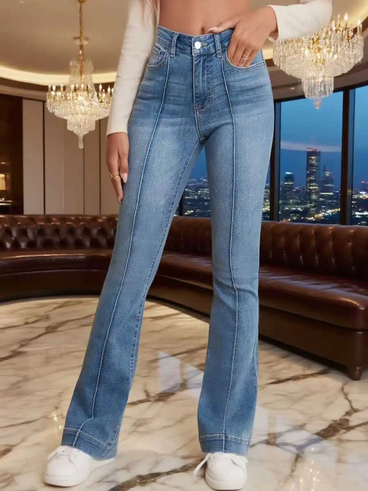 Grijze stretch uitlopende damesjeans Franse naaddetail Eenvoudig ontwerp Veelzijdige afslankende bootcut broek Damesbroek broek Jeans