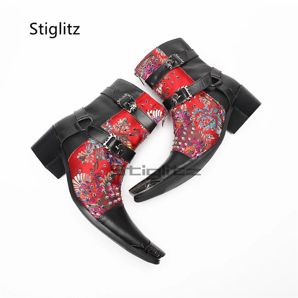 Flowers Embroidery Rivets Chelsea Boots Men High Heels Genuine Leather Patchwork Double Buckle Ankle Boots Metal Toe Male Shoes