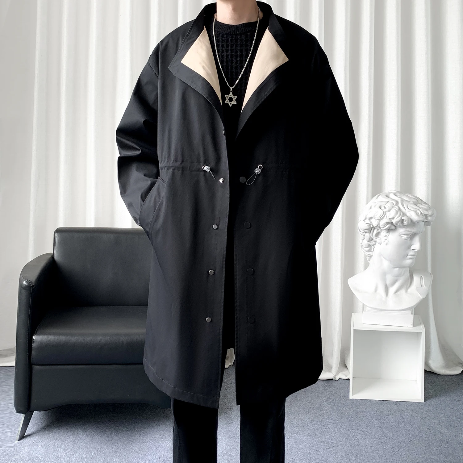 Color Blocking Single Breasted Long Windbreaker Casual Lapel Trench Coats Loose Plus Size Men's Clothing Male Jacket Autumn Tops