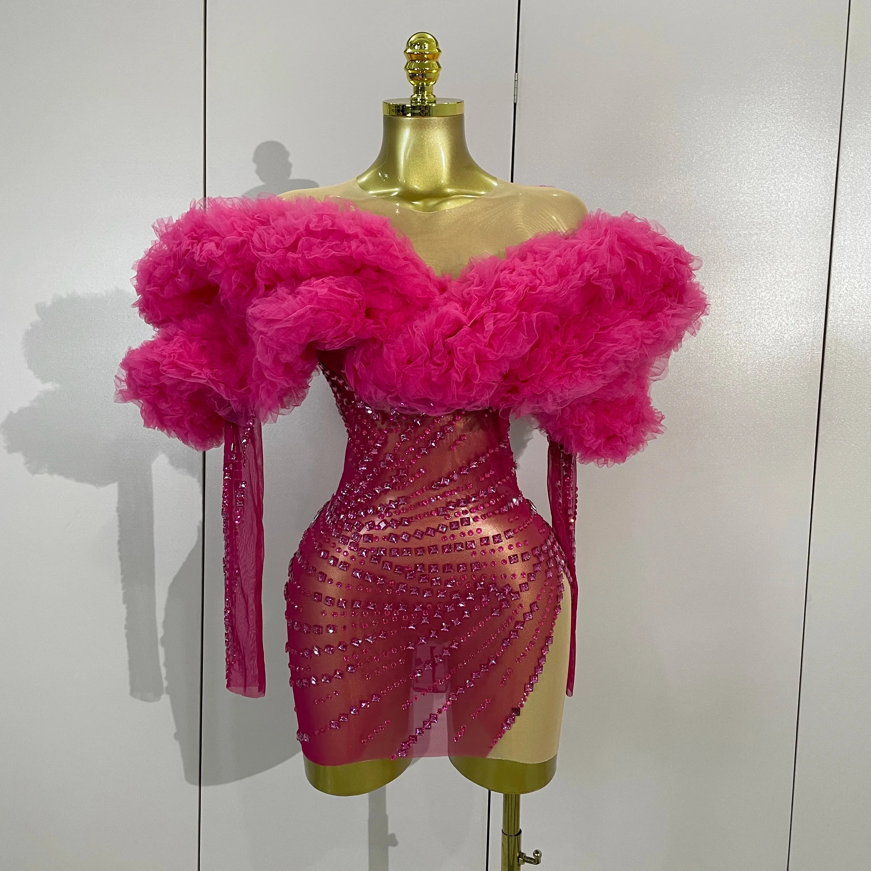 Pink Off Shoulder Rhinestone Birthday Wedding Guest Party Mini Dress Women Prom Hip Wrapped Dress Dinner Gown Festival Club Wear