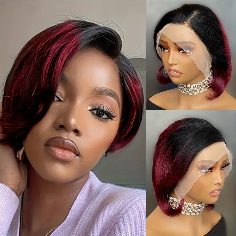 13x4 Transparent Lace Front Human Hair Wig for Women, Short Bob Pixie Cut Straight Wig, 150% Density, Pre Plucked Natural Hairline for Daily Styling