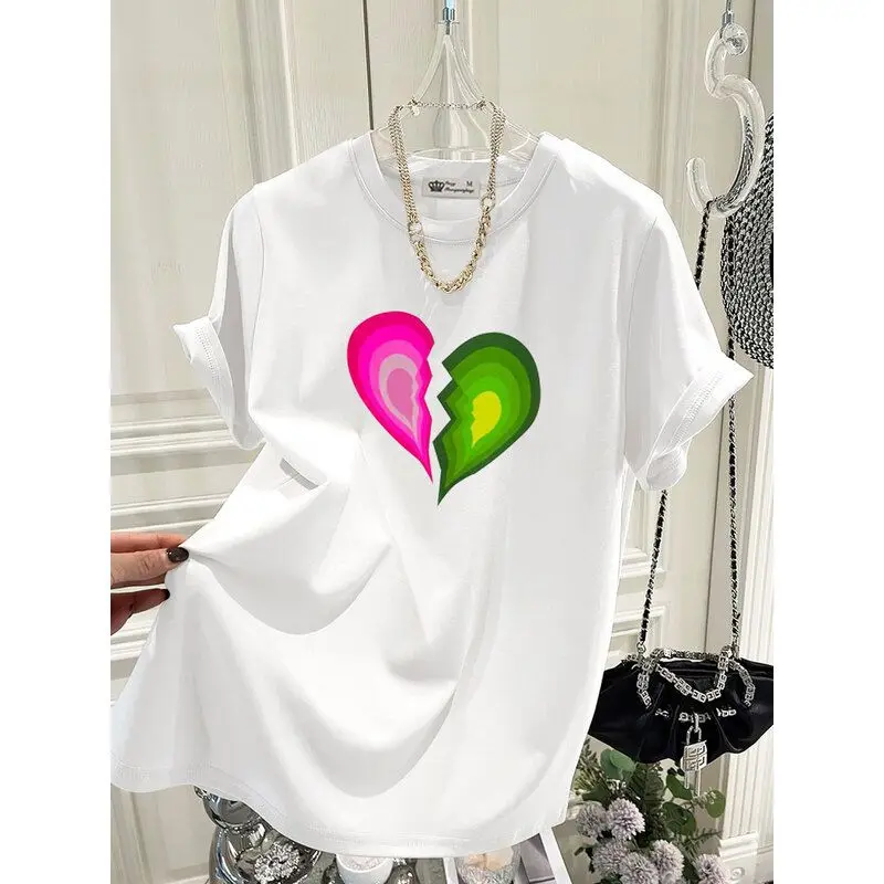 Women Clothing Fashion Hand-Painted Love Print T-shirts Summer Loose O-neck Short Sleeve Tee Office Lady Pure Cotton Basic Tops