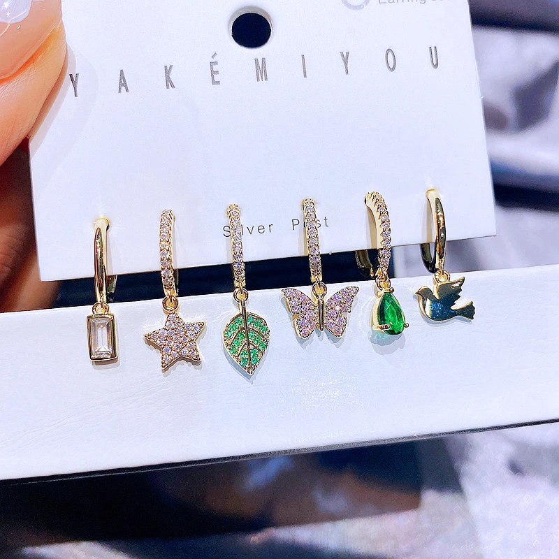 MIGGA 6pcs Green Cubic Zircon Dangle Earrings Set Gold Color Star Leaf Butterfly Women Party Jewelry