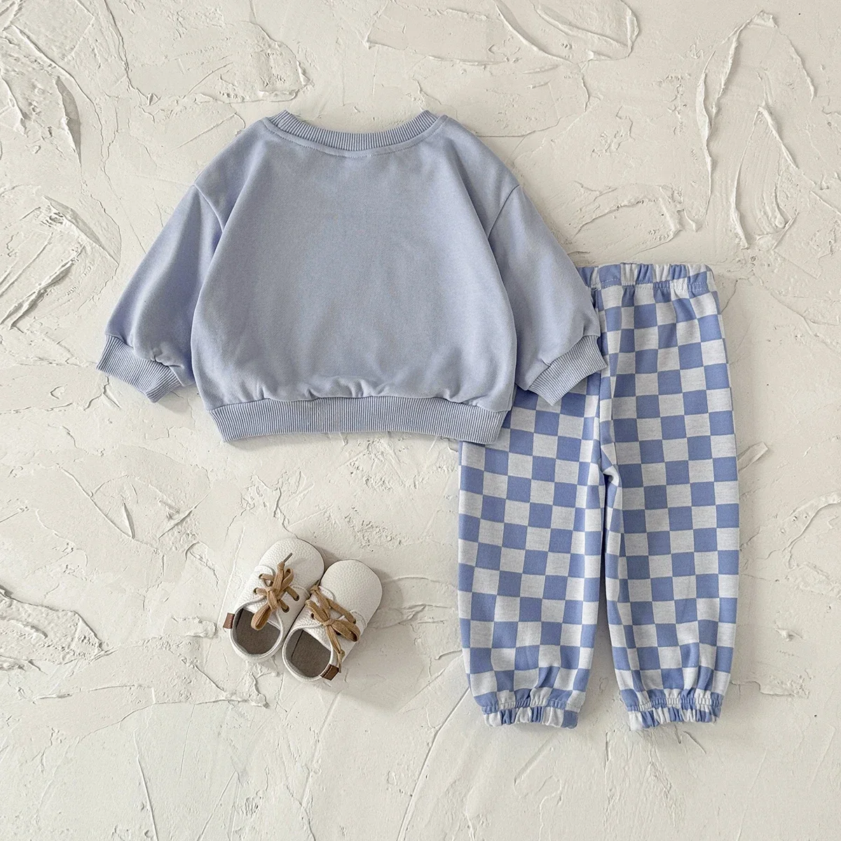2PCS Spring Autumn Cotton Set For 0-3 Year Old Baby Comfortable Loose Solid Pullover Checked Pant Two Piece Baby Clothes