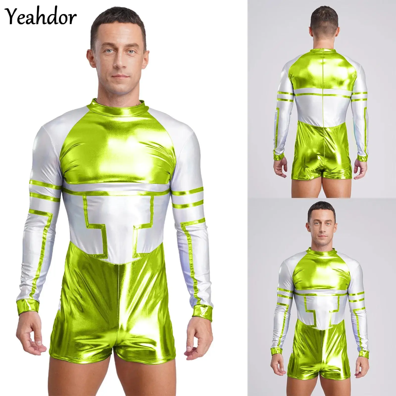 

Men Halloween Alien Astronaut Cosplay Costume Long Sleeve Metallic Shiny Outerspace Jumpsuit Bodysuit Robot Fancy Party Dress Up