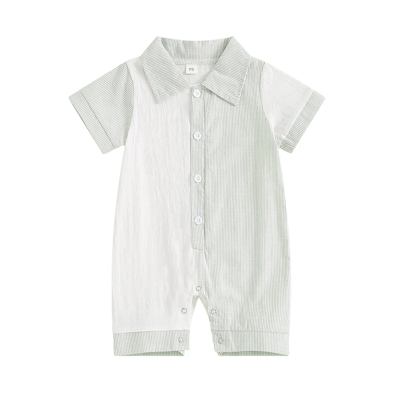 

Baby Boy Jumpsuit Summer Short Sleeve Lapel Collar Stripes Print Romper Newborn Playsuit