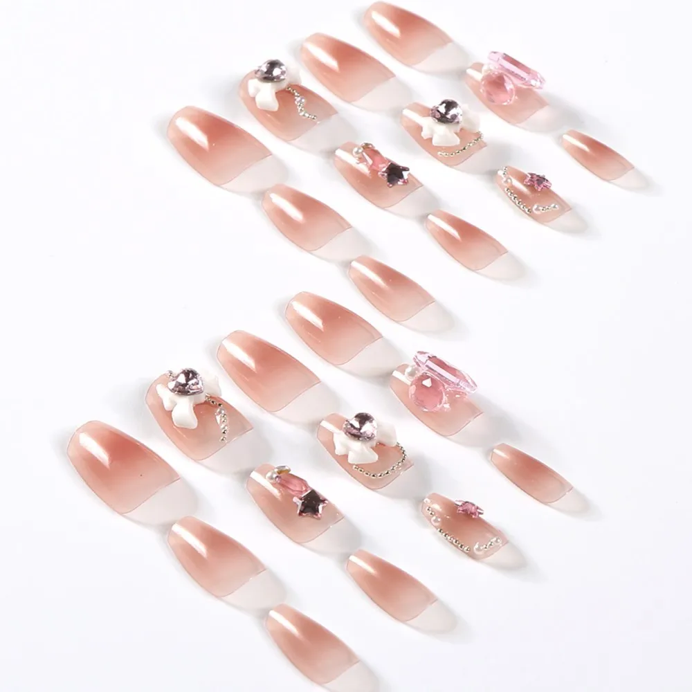 24Pcs/Lot Long Coffin False Nails with Bow Tie Rhinestones Nude Wearable Fake Nails DIY Full Cover Press on Nails Manicure Tips