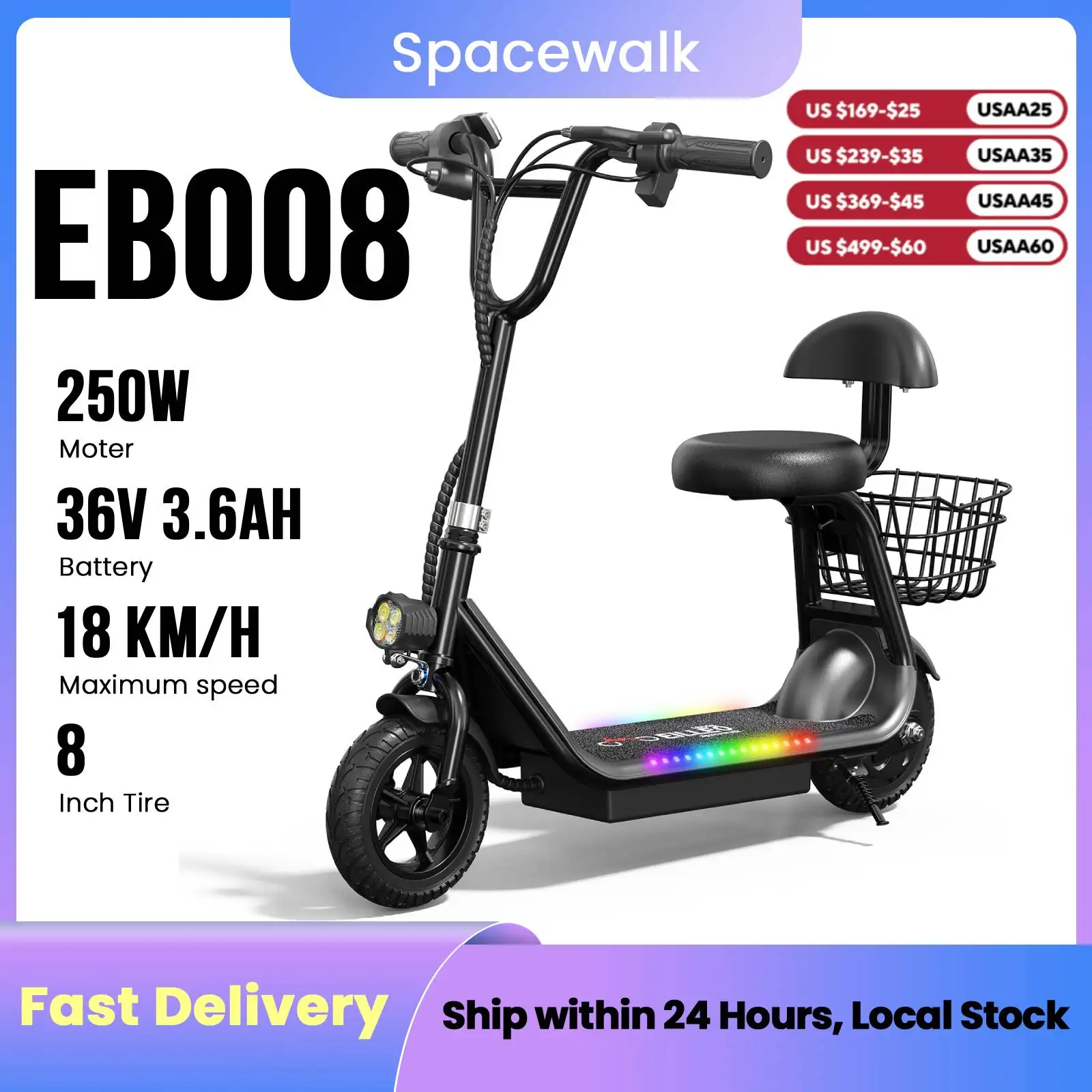 

Детский электросамокат Spacewalk с Bluetooth-колонкой, складной конструкцией, сиденьем, корзиной для переноски, светодиодной лентой, скоростью 11 миль/ч, максимальной нагрузкой 132 фунта