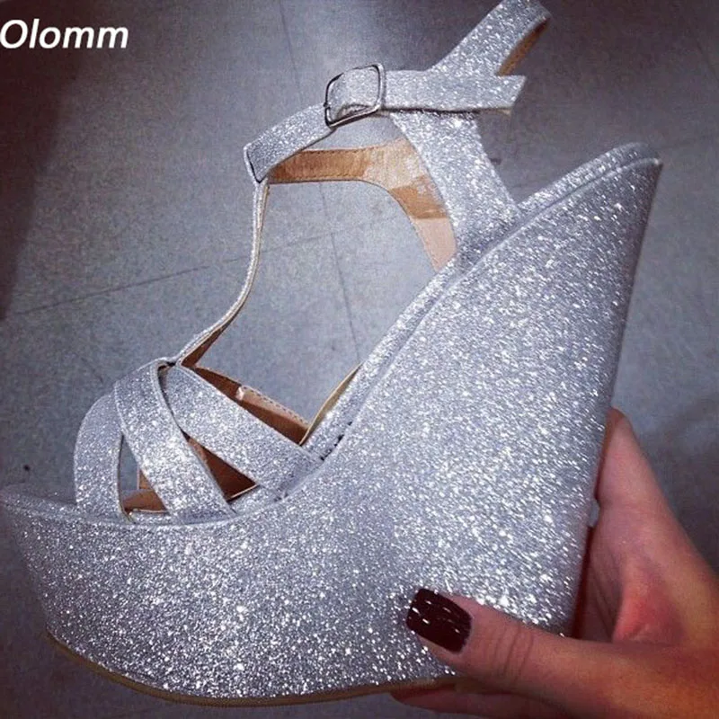 

Olomm Women Platform T-strap Sandals Glitter Ultra High Wedges Heels Round Toe Pretty Silver Night Club Shoes Ladies Size 4-20