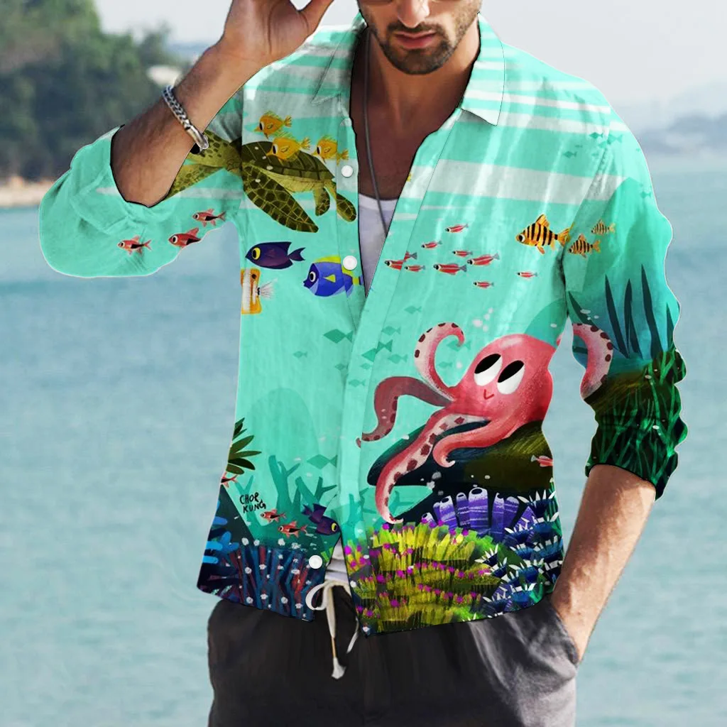 Camicia da uomo stampa Beach Vacation Style Hawaiian Y2k Harajuku Vintage Formal Luxury Fashion Leisure manica lunga top oversize