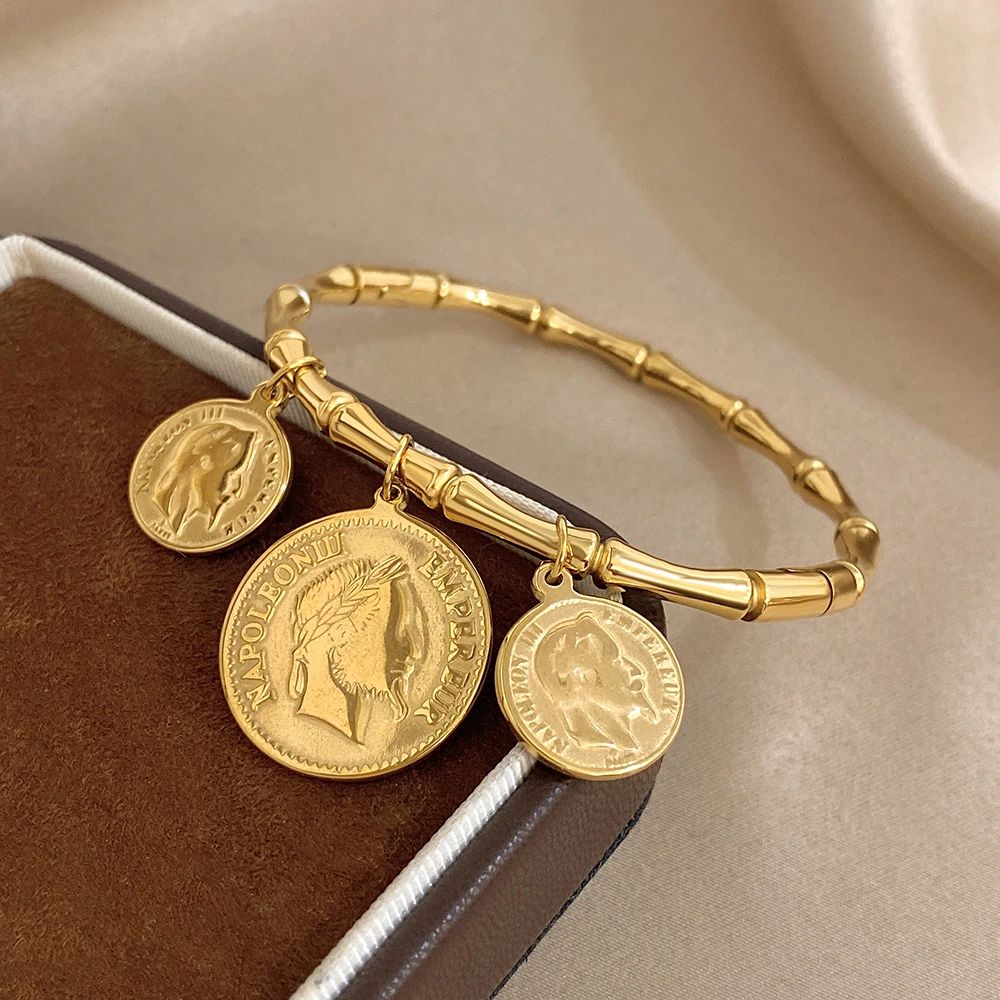 Freetry New Glossy Stainless Steel Bamboo Joint Bangle Bracelet Women Vintage Statue Coin Pendant Bracelets Waterproof Jewelry