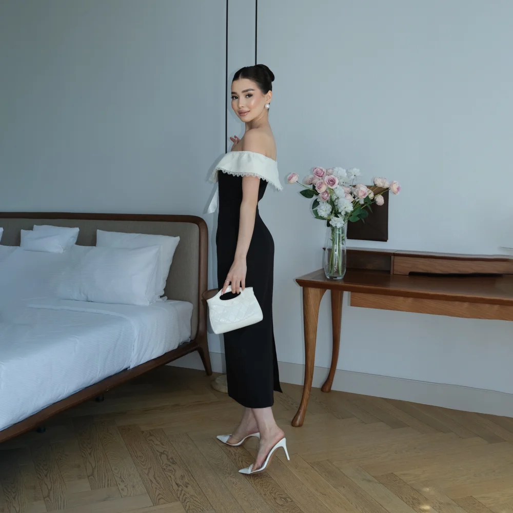 Customized Black White Color Block Off Shoulder Mother Of The Bride Gown Lace Ruffle Bow Split Midi Formal Party Dress