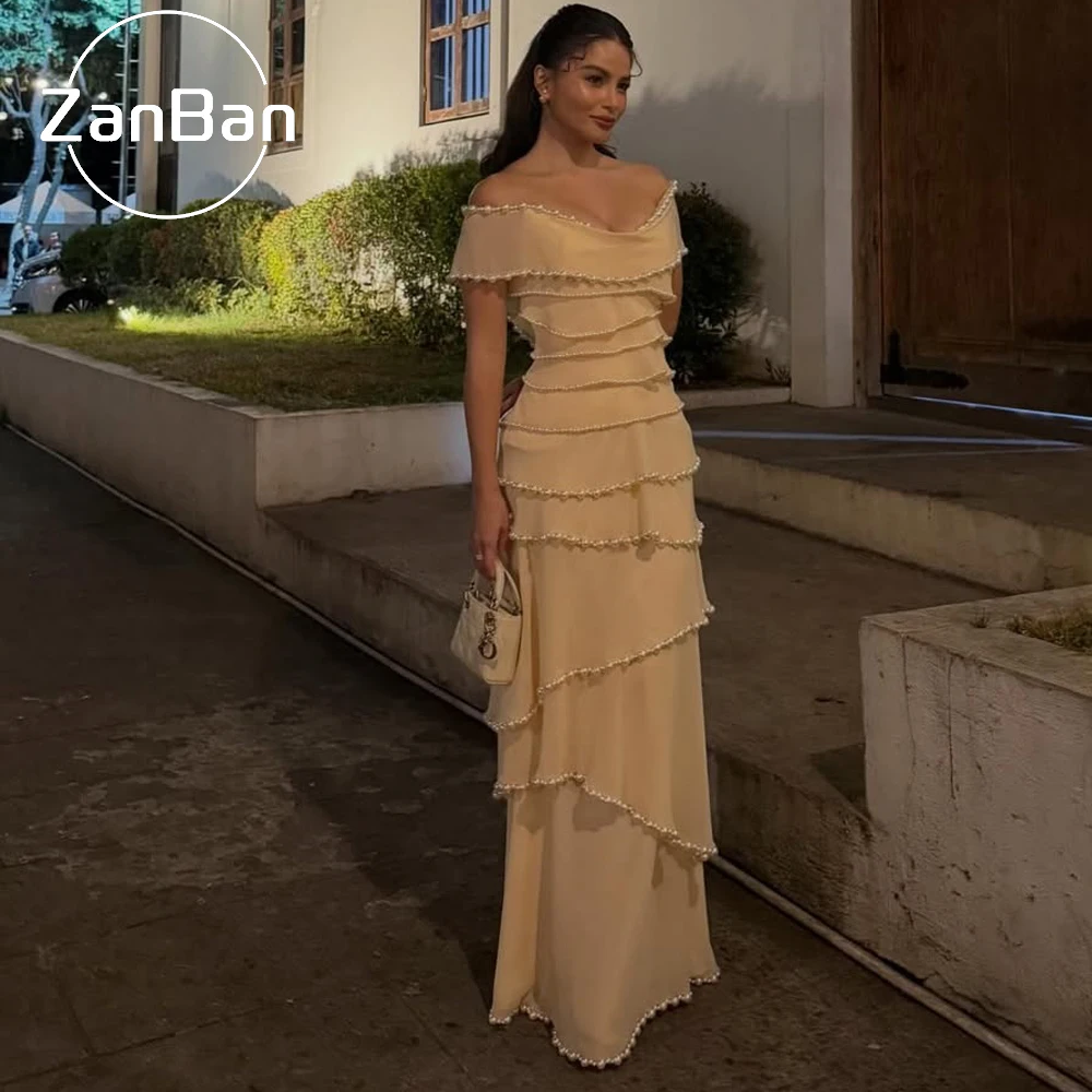 ZanBan Modern Beige Chiffon Evening Dresses Tiered Pearl Prom Gown 2026 Pleat Off Shoulder Formal Occasion Dresses Customized