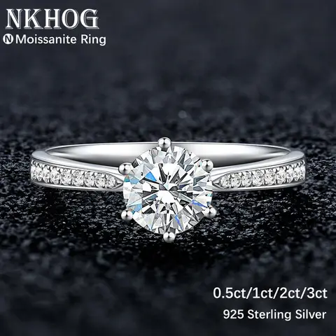 NKHOG 여성을위한 진짜 3 캐럿 Moissanite 반지 925 스털링 실버 클래식 6 발톱 약혼 밴드 쥬얼리 로맨틱 결혼 반지