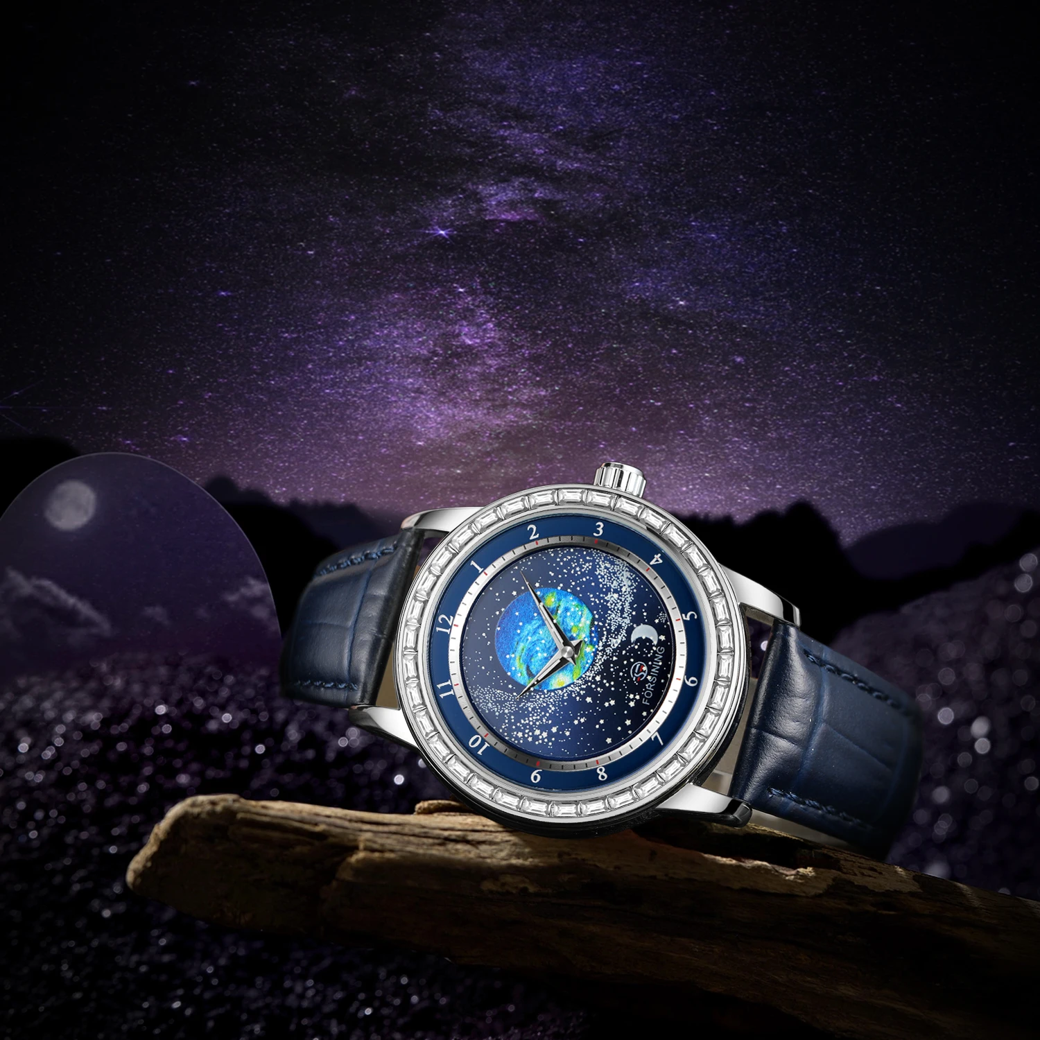 2024 FORSINING Design Earth Star Moon Set With Diamonds Genuine Belt Men Mechanical Automatic Watch Waterproof For Business