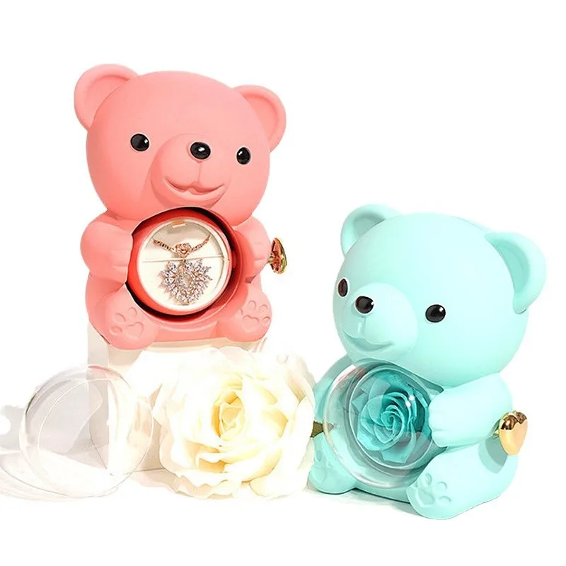 New Rotating Hugging Bear Rose Jewelry Box Eternal Flower Gift Box for Girl Mother\'s Day Valentine\'s Day Christmas Gift