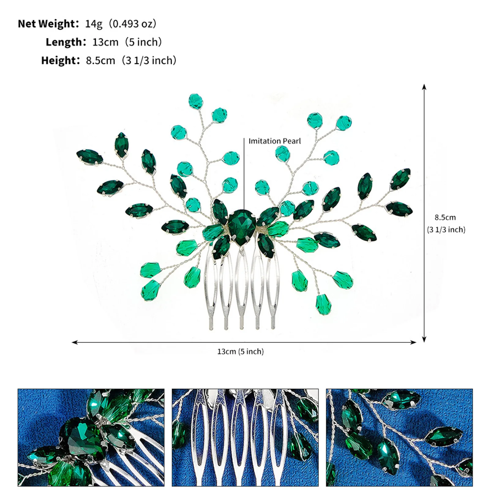 Wedding Hair Comb Tiaras Green Crystal Hairpin Clip Headpiece For Women Wedding Party Hair Ornament Girls Hair Jewelry Crown