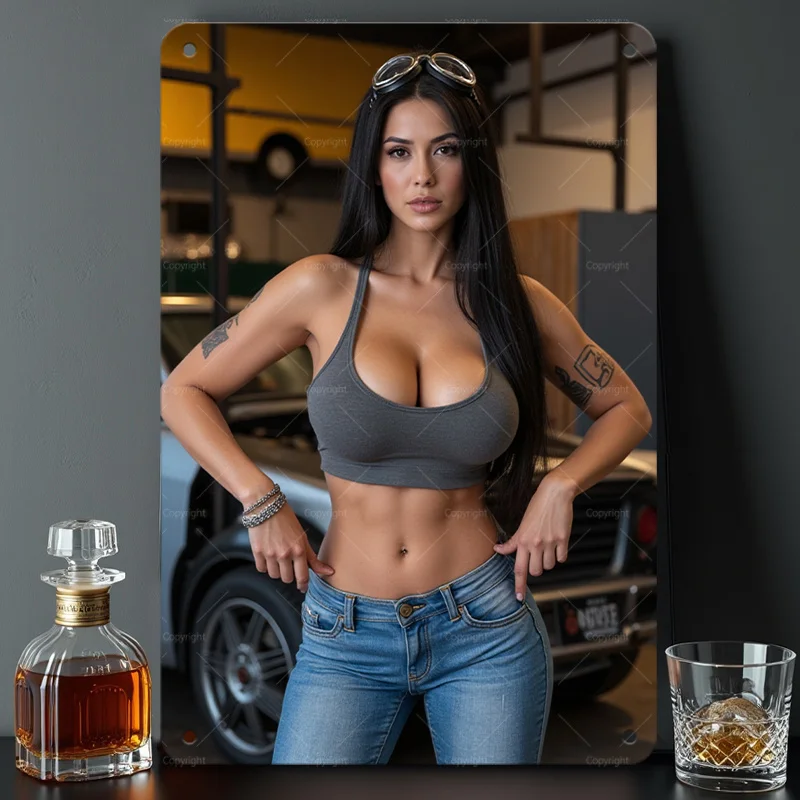 Metallblechschild, Vintage-Poster, dekorative Wandkunst – wunderschöner Göttinnen-Bikini, geeignet für Heimdekoration, Wein-Cella für Herren