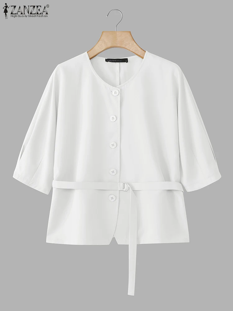 ZANZEA Half Puff Sleeve Tie-Waist Shirts Korean Fashion Women Office Button Up Chemises Femme 2025 Summer O-Neck Elegant Tops