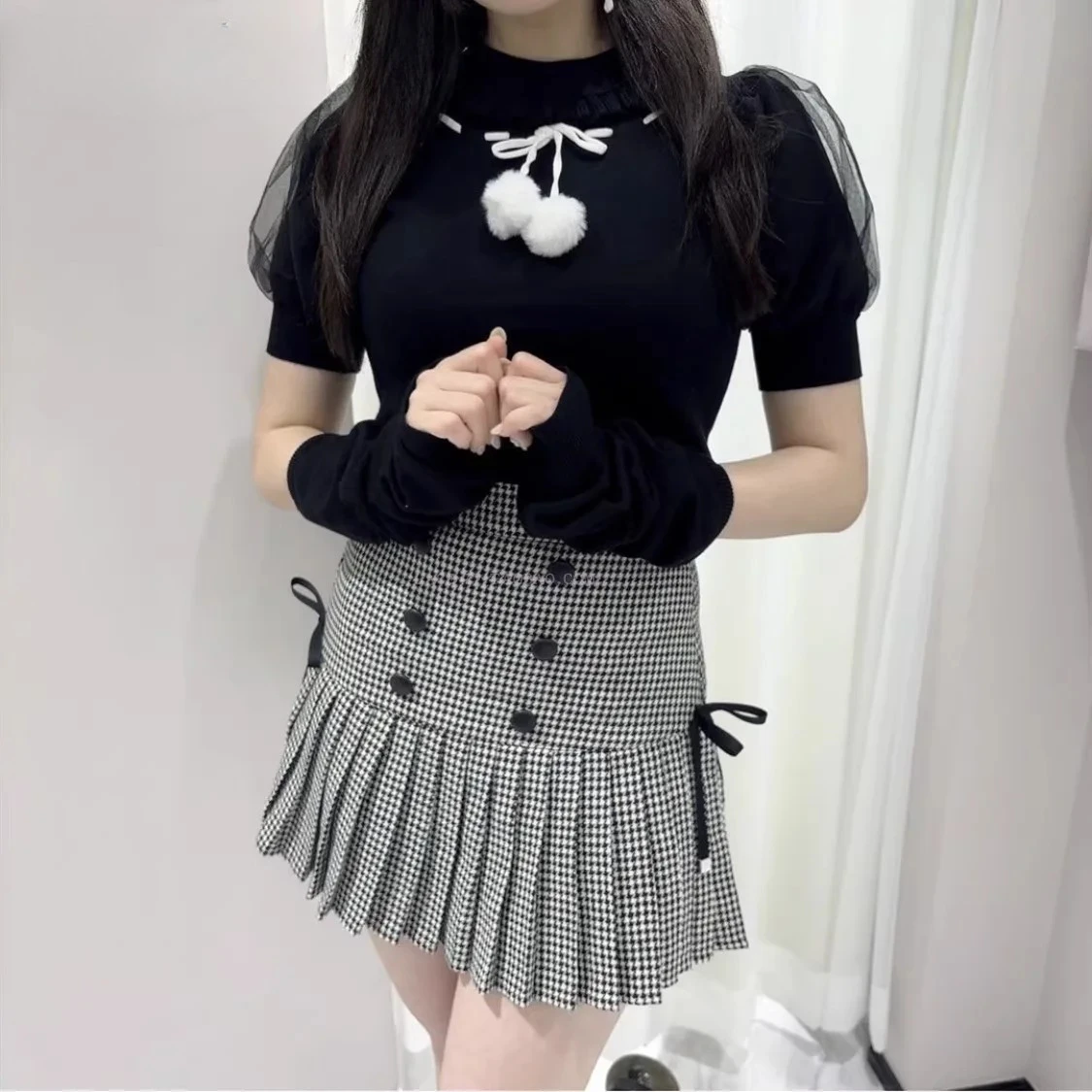 

Japanese Style Pure Original Mass-Produced Autumn Ruffled Collar T-Shirt Sweet Bubble Short Sleeve Knitted Top with Arm Sleeves
