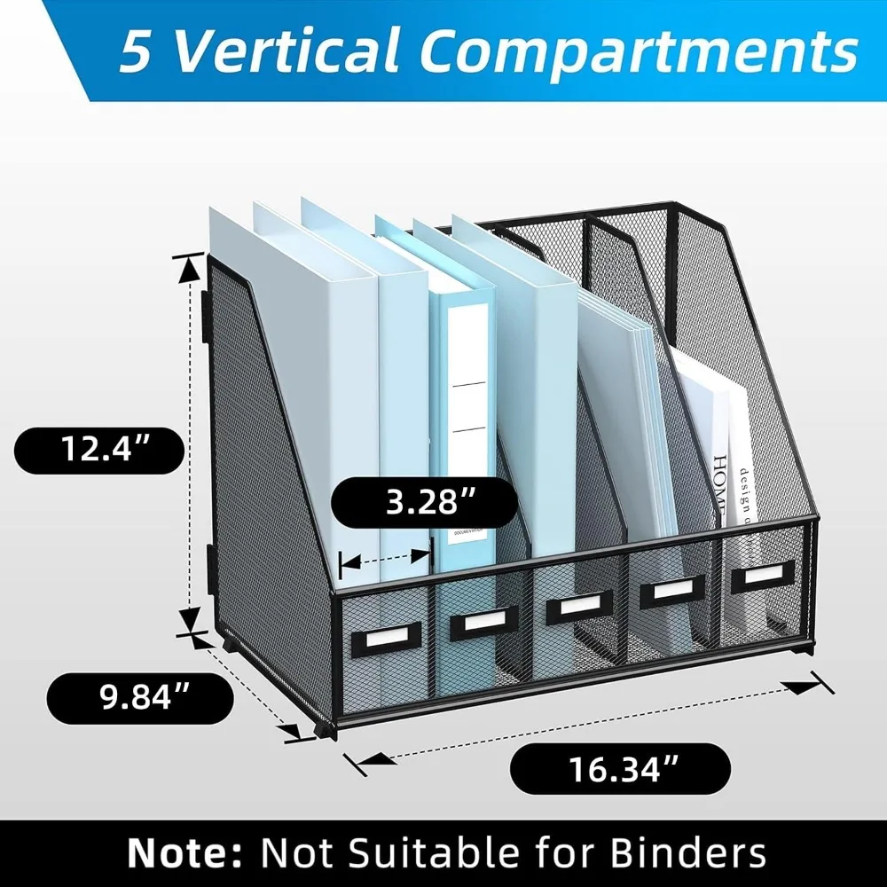 حامل ملفات مجلة مكتبي معدني مع 5 مقصورات عمودية منظم ملفات لسطح المكتب والأعمال المنزلية
