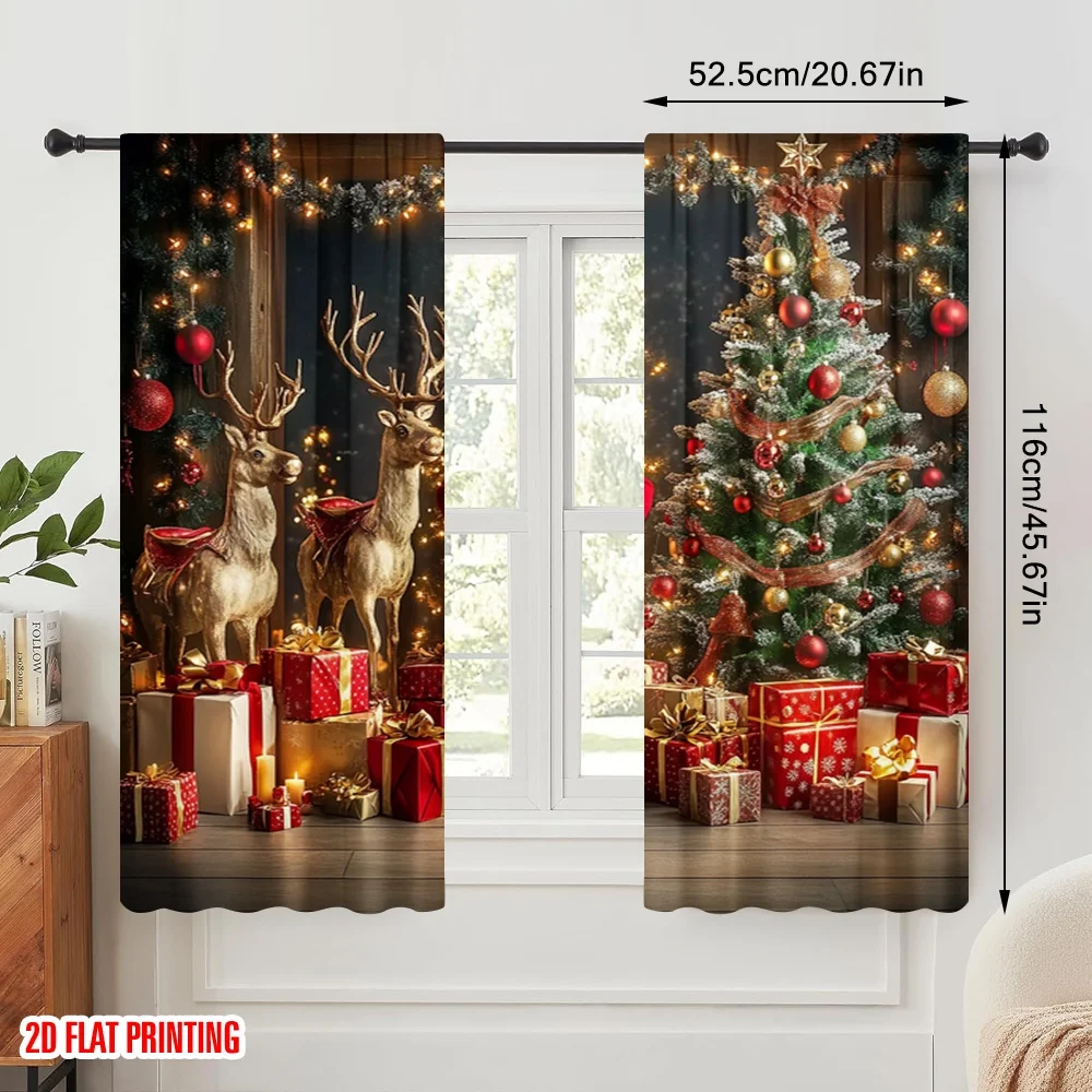 2pcs,2D plane printing Print Curtains Santa Claus and the Reindeer3 Polyester Woven (without rod) All Seasons for Living Room,