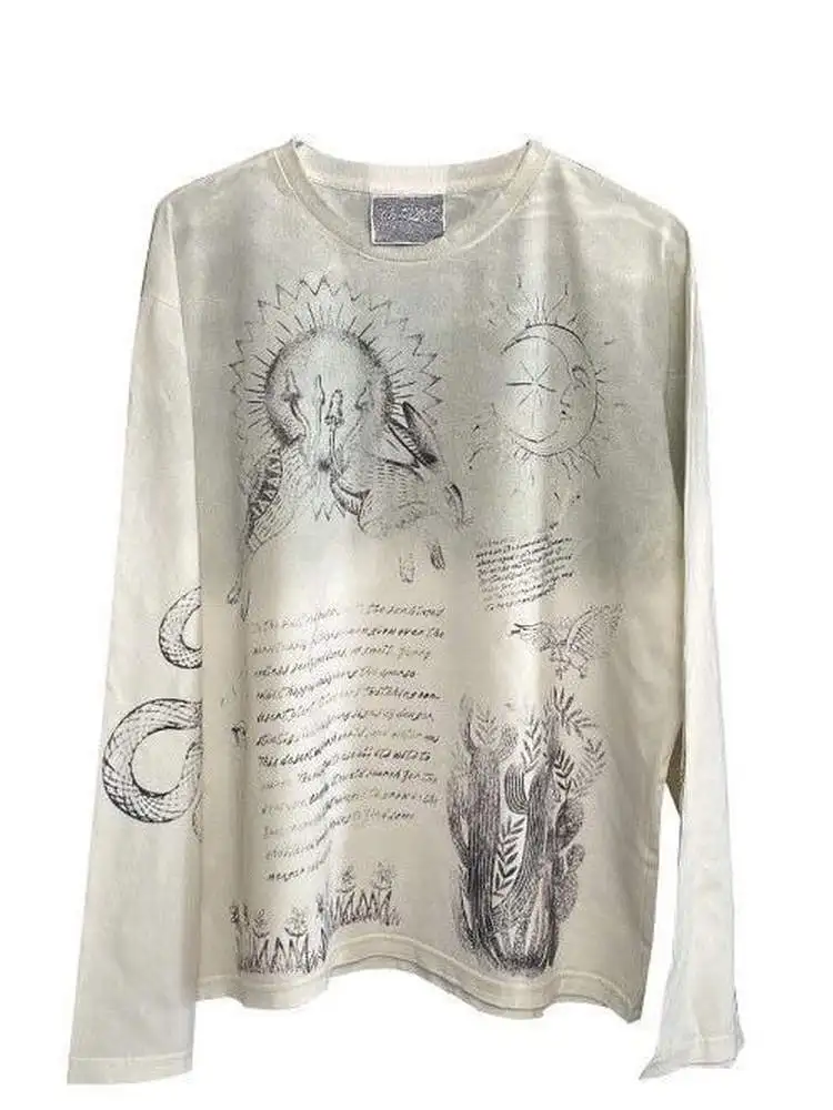 

Готическая женская футболка с длинным рукавом, свободного кроя, с круглым вырезом, из других материалов, повседневная мода для зимнего сезона