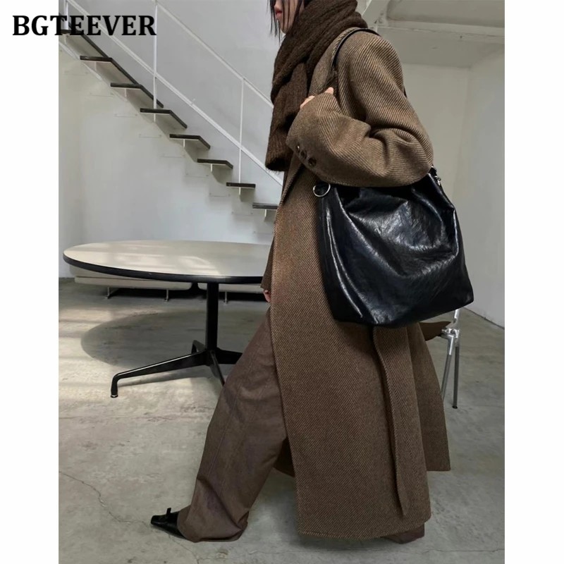 BGTEEVER Casual Warm Loose Female Long Woolen Jacket Winter Fashion Long Sleeve Lace-up Women Thicken Blend Coats Ladies Outwear